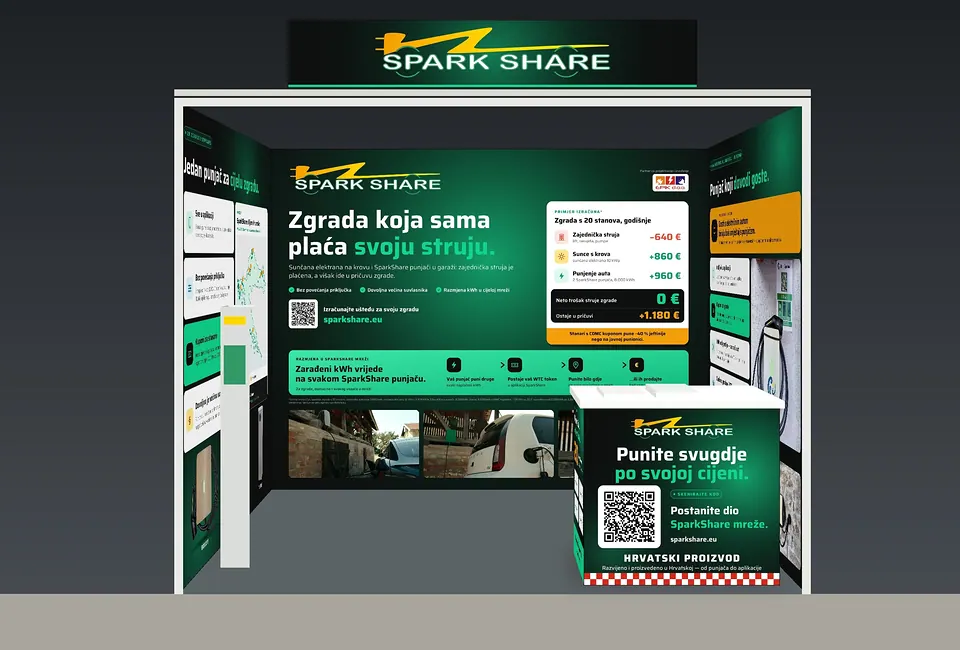 3D view of the SparkShare stand at Green Energy Fair 2026: back wall „A building that pays for its own electricity“, side walls for buildings and accommodation, and a counter with a QR code