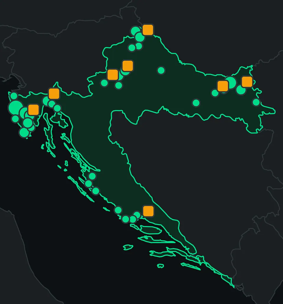 Map of Croatia with public SparkShare chargers and installer partners
