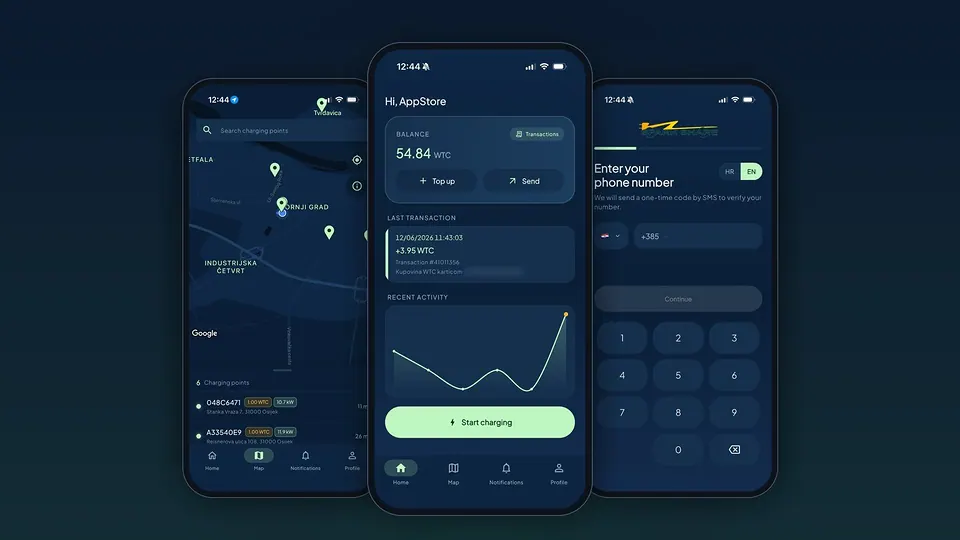 SparkShare app 2.0 – charger map, dashboard and login screens