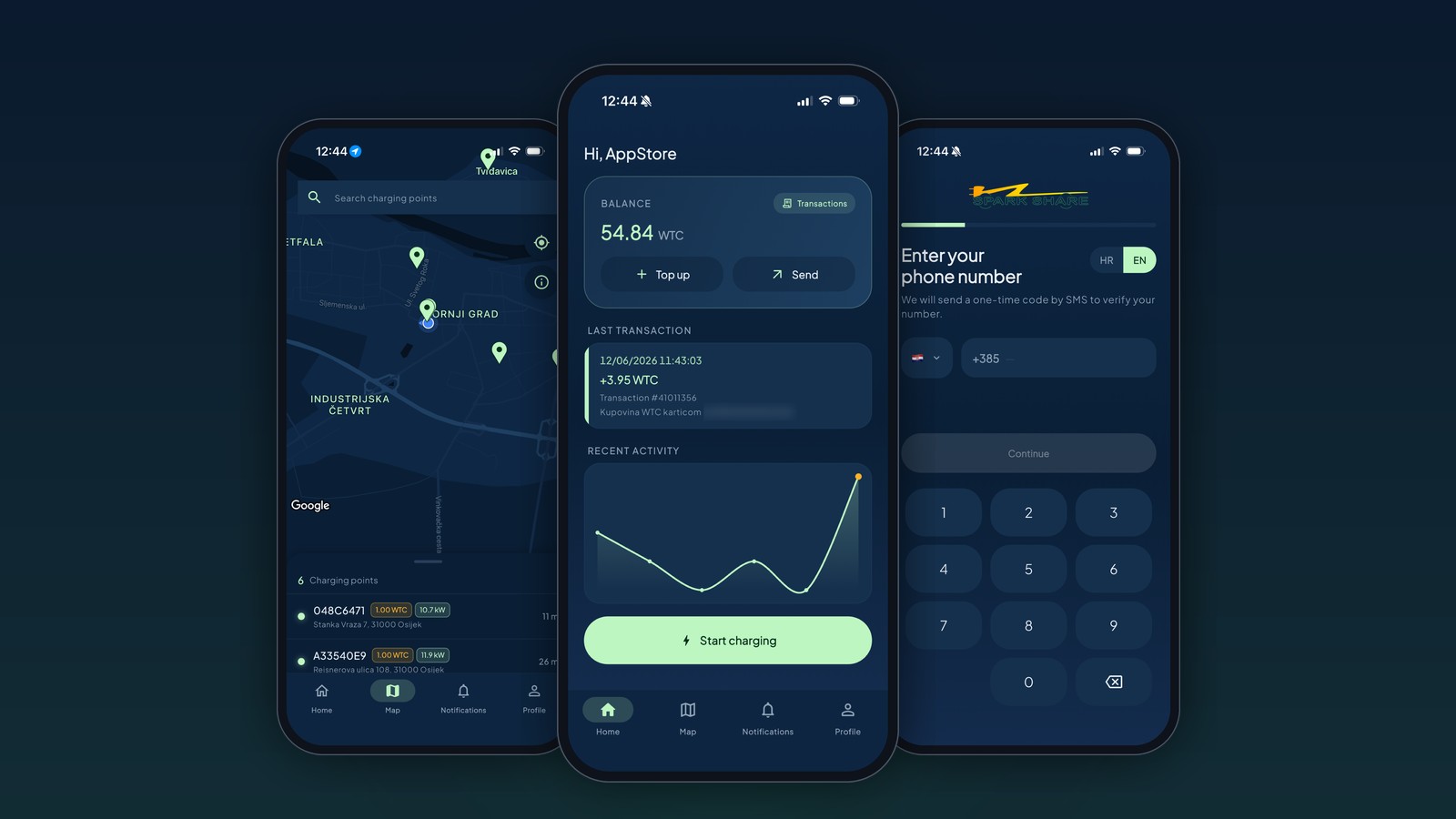 SparkShare app 2.0 – charger map, dashboard and login screens
